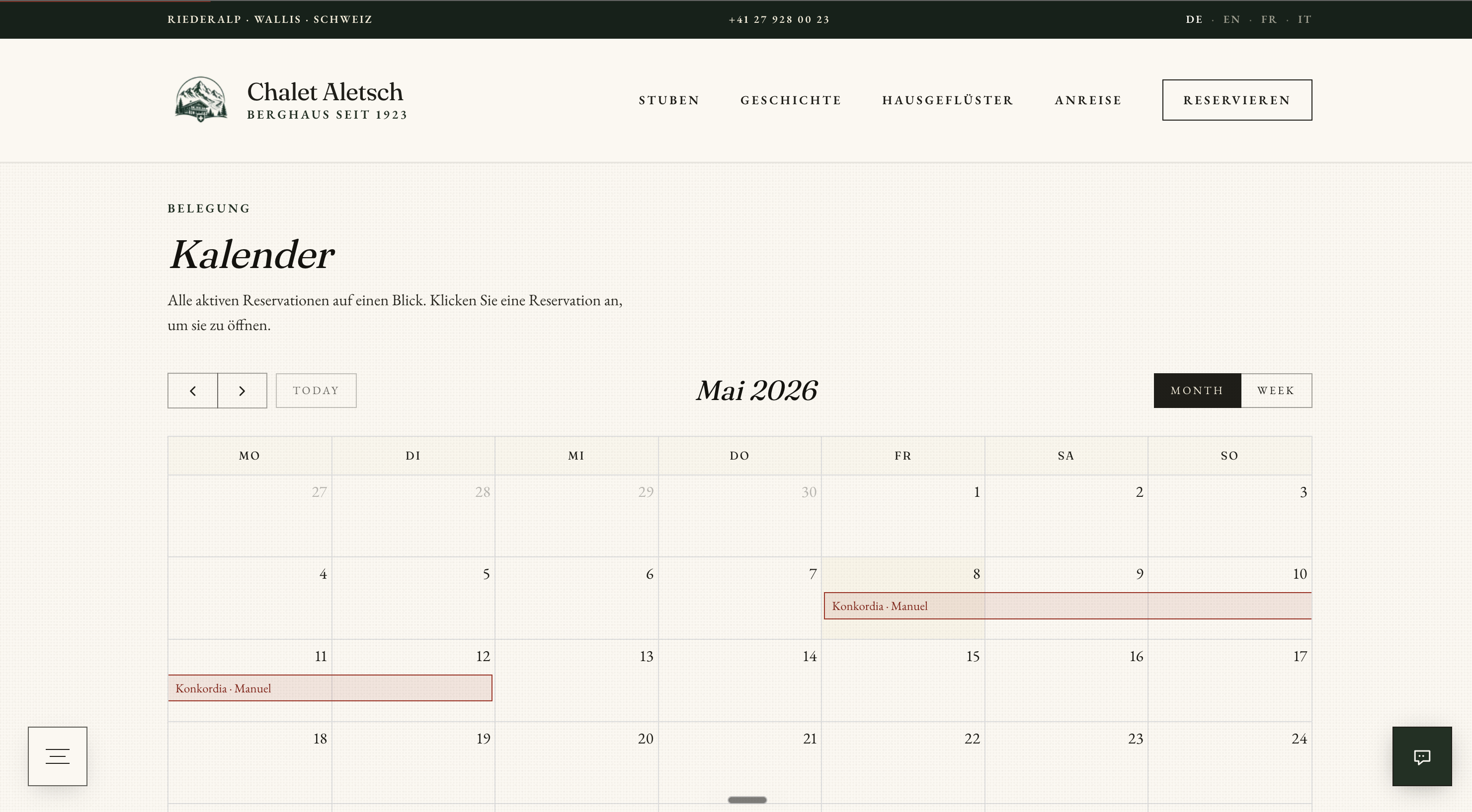 Chalet Aletsch · Belegungskalender
