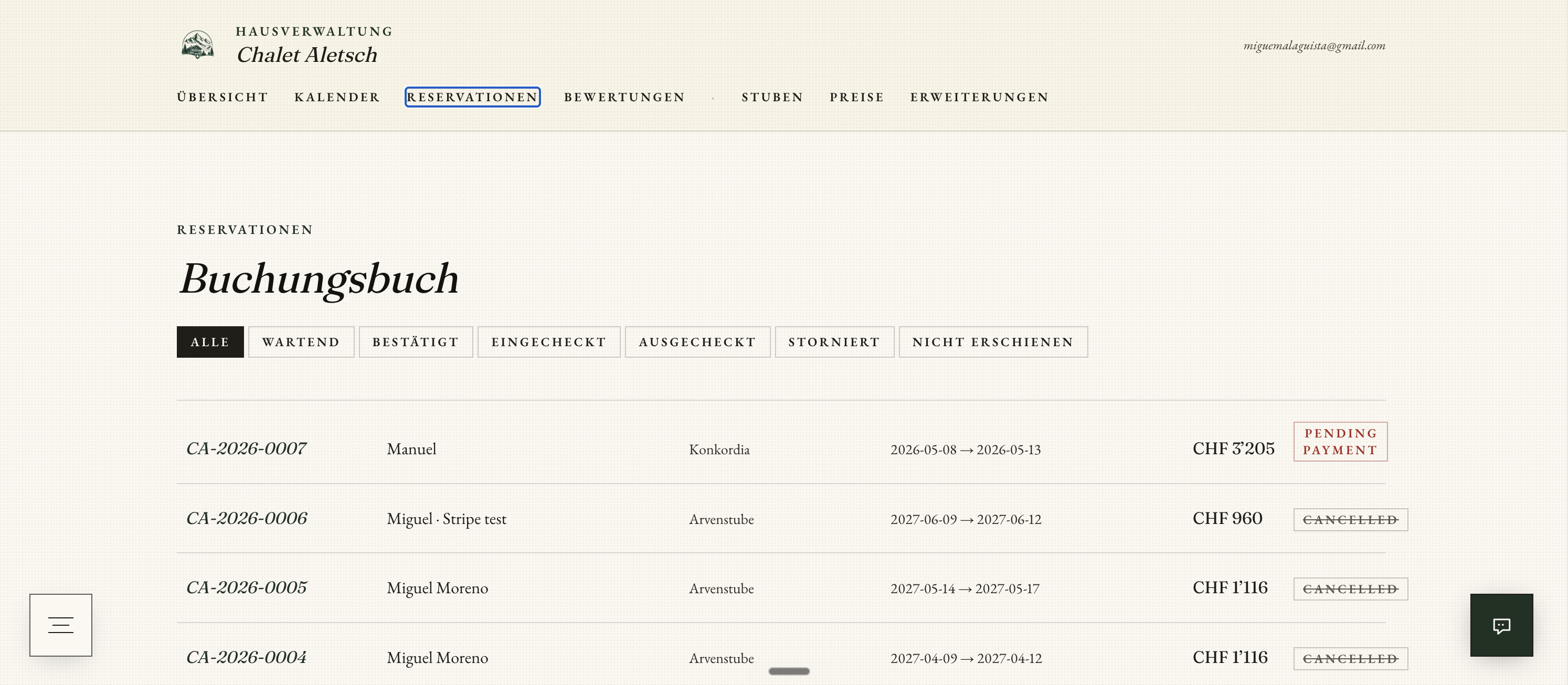 Chalet Aletsch · Buchungsbuch
